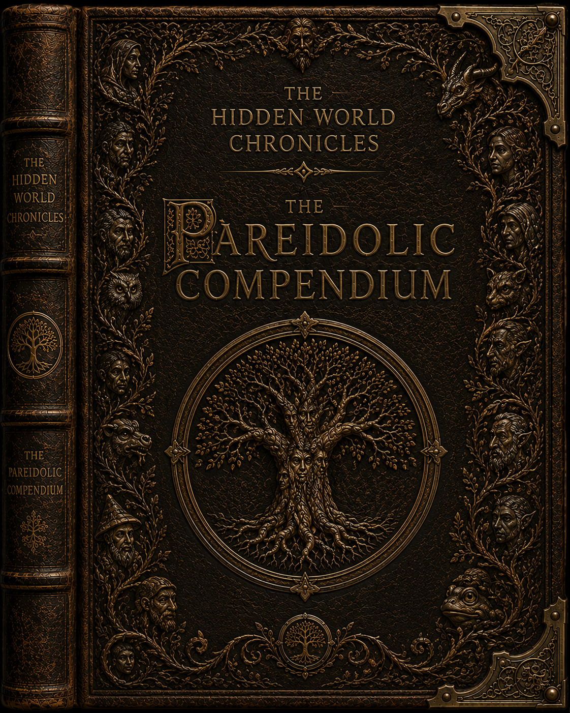The Pareidolic Compendium — leather-bound tome of the Hidden World Chronicles